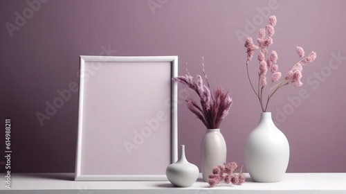 vase beside an empty white frame for a picture background mockup in soft purple colour interior design generative ai 