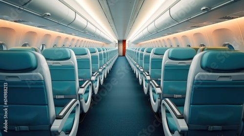 Plane interior with seats, Interior of empty ready to fly airliner cabin with rows of seats.