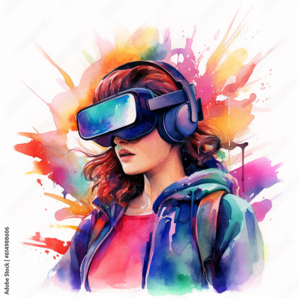 Watercolor abstract drawing of woman with headset and headphones exploring virtual and mixed reality