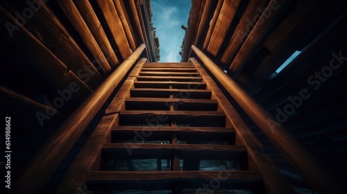 Steep wooden staircase leads into the unknown with a sense of mystery and limitless possibilities. Generative AI