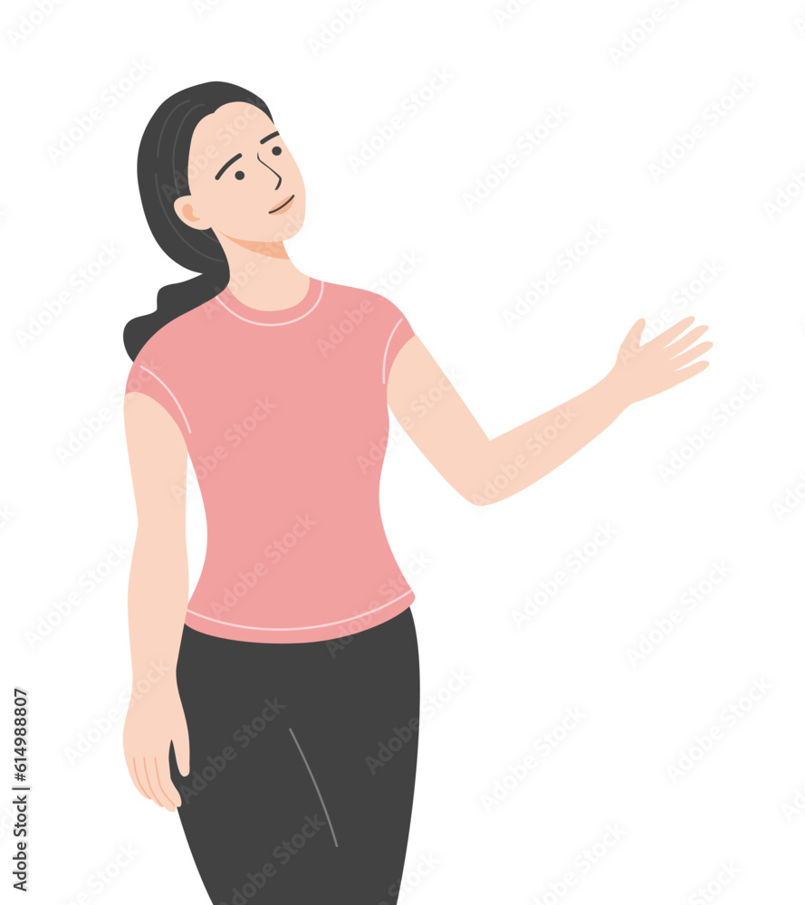 A smile woman with presenting hands, flat vector illustration. A smile woman with presenting hands, flat vector illustration.
