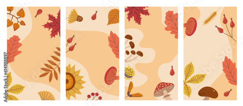 Floral nature banners designs with autumn plants, place to copy text. Vertical botanical backgrounds, mushrooms, leaves.