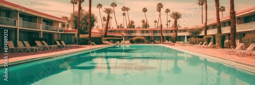Palm trees and vintage hotel pool. Generative AI