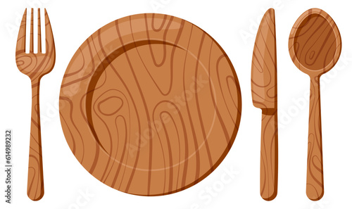 Wooden plate with spoon knife fork set isolated on a white background. Top view brown wood material cutlery and serving plate for food design template. Vector flat design cartoon style illustration.