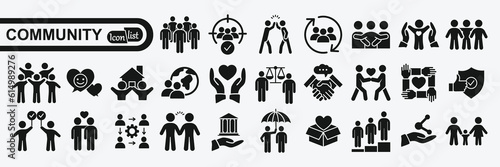 Community icon set. Containing people, friendship, social, diversity, village, relationships, support and community development icons. Solid icon collection