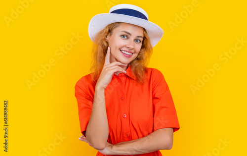 smiling retro stylish woman at summer. retro stylish woman at summer isolated on yellow. retro stylish woman at summer in studio. retro stylish woman at summer on background