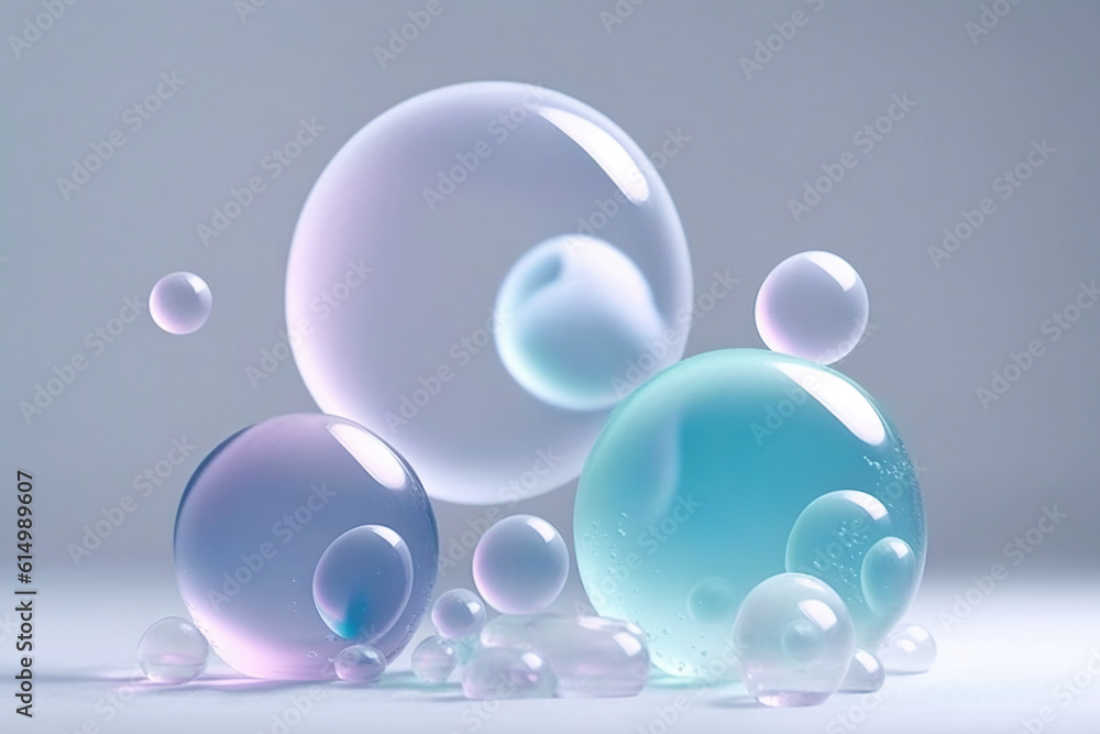 Transparent bubbles drops of gel, serum, collagen, oil, close-up, macro. Abstract neon purple background with bubbles Transparent bubbles drops of gel, serum, collagen, oil, close-up, macro. Abstract neon purple background with bubbles