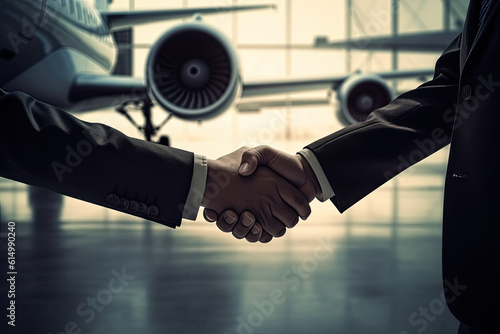 Business people shaking hands in an airplane hangar