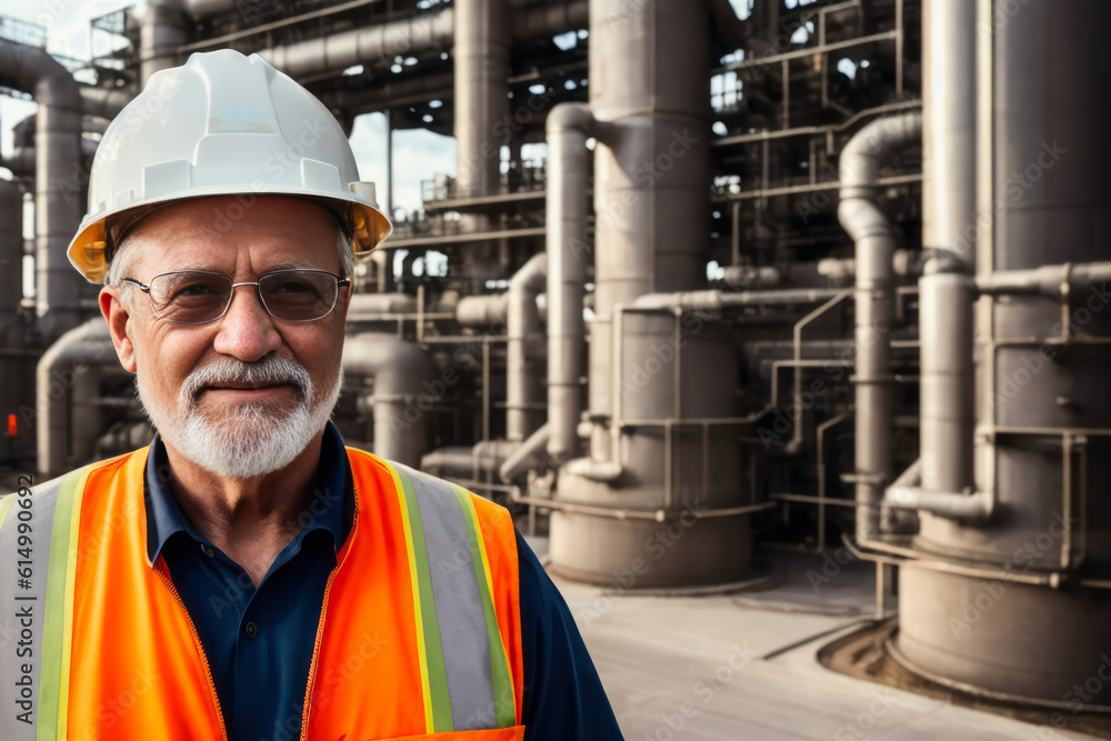 Digital portrait of a senior successful confident professional Petrochemical engineer standing in a Gas storage. Concept of active age. Generative AI Digital portrait of a senior successful confident professional Petrochemical engineer standing in a Gas storage. Concept of active age. Generative AI