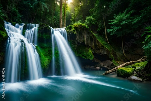 waterfall in the forest wallpaper background generated by AI