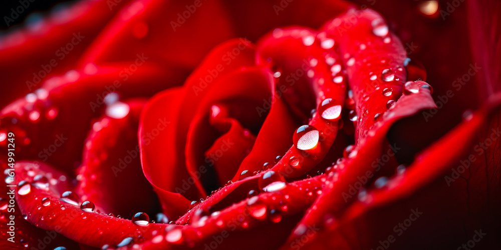 Captivating close-up of dewdrops on vivid red rose petals, showcasing intricate details and natural beauty. Soft focus and subtle lighting evoke dreamy romance and sophistication. Generative AI Captivating close-up of dewdrops on vivid red rose petals, showcasing intricate details and natural beauty. Soft focus and subtle lighting evoke dreamy romance and sophistication. Generative AI