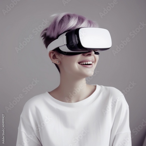 Beautiful young woman with a stylish hairstyle wearing virtual and augmented reality glasses on her head on a cool background. Vision reality glasses. Generative AI illustration © Maxim Sokolov