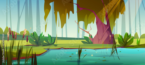 Swamp in forest with reed cartoon vector scene. Lake water with marsh plant on shore landscape illustration. Nobody in outdoor park environment with green willow tree stem and light ray on lawn