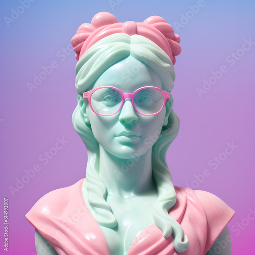Marble sculpture. Young, beautiful girl with long wavy hair wearing glasses. Generative AI illustration. 