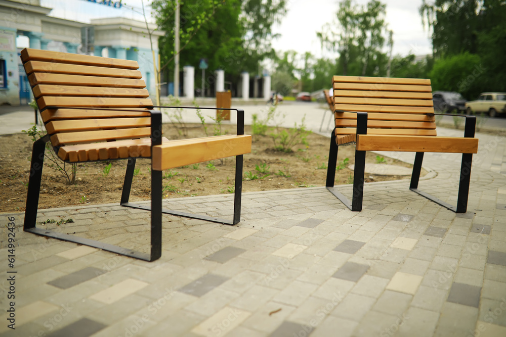 Bench in a park on a sunny autumn morning. Morning walk.