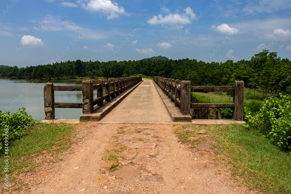 Beautiful landscape of the Khandarani dam reservoir on the Khandaqrani lake to prevent flood at Belpahari, Jhargram, West Bengal, India.