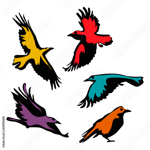 Silhouette of a crow in various poses flying, standing, sitting vector illustration, black and multicolored on a white background. A set in the style of Line art with raven figures for Halloween © Svetlana