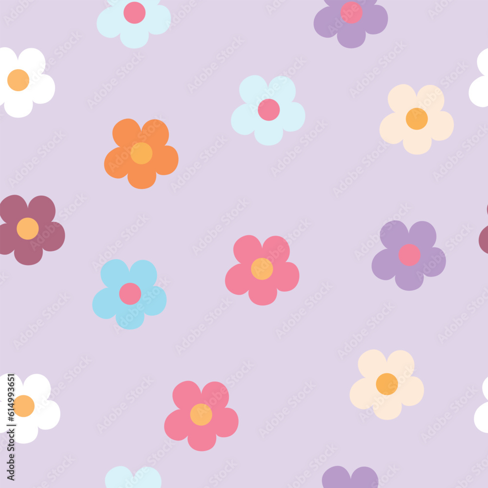Seamless pattern with flowers in pastel colors on light purpple background. Vector illustration.