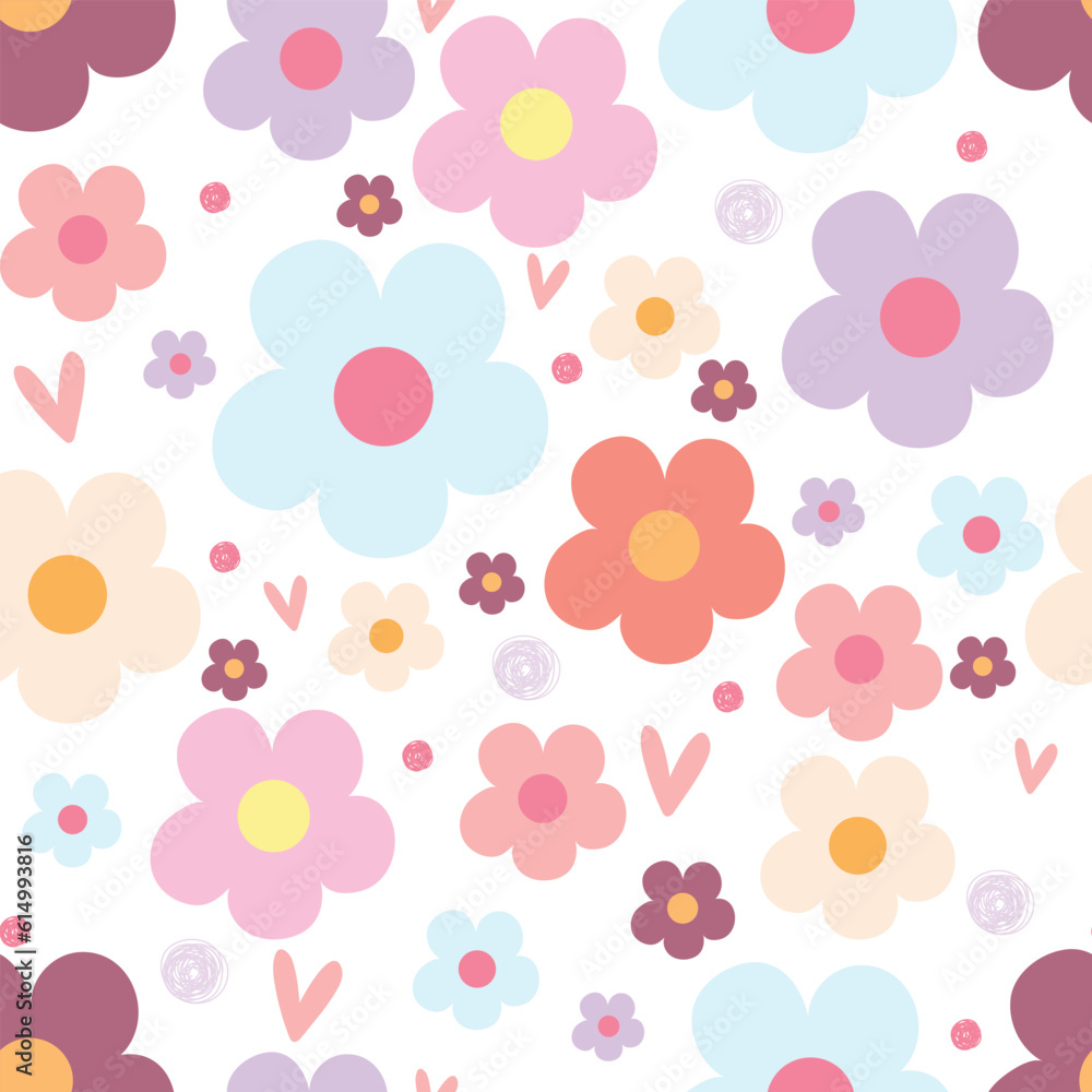 Seamless colorful pattern with different size flowers, hearts in pastel colors. White background, vector illustration.