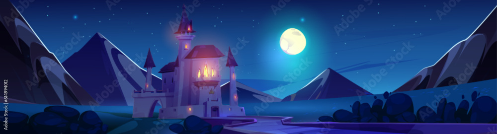 Magic fantasy castle at night vector fairytale background. Fairy tale medieval princess palace with road and mountains. Gothic kingdom mansion above full moon light, starry sky. Fantastic old chateau Magic fantasy castle at night vector fairytale background. Fairy tale medieval princess palace with road and mountains. Gothic kingdom mansion above full moon light, starry sky. Fantastic old chateau