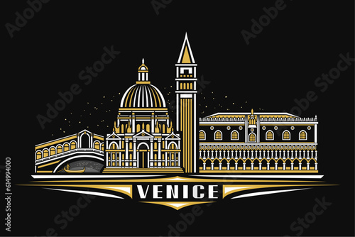 Vector illustration of Venice, black horizontal card with linear design famous venice city scape on dusk sky background, historical urban line art concept with decorative letters for white text venice
