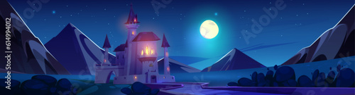 Magic fantasy castle at night vector fairytale background. Fairy tale medieval princess palace with road and mountains. Gothic kingdom mansion above full moon light  starry sky. Fantastic old chateau