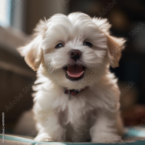 A reddish white maltese puppy with her tongue out. Generative AI