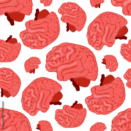 A pattern of pink brains on a white background. Hand-drawn vector seamless background. The topic of medicine, surgery, treatment and health. World Brain Day. Background of the brain is big and small