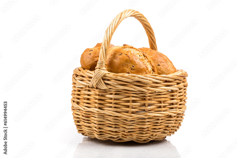 bread in wicker basket isolated on white bread in wicker basket isolated on white