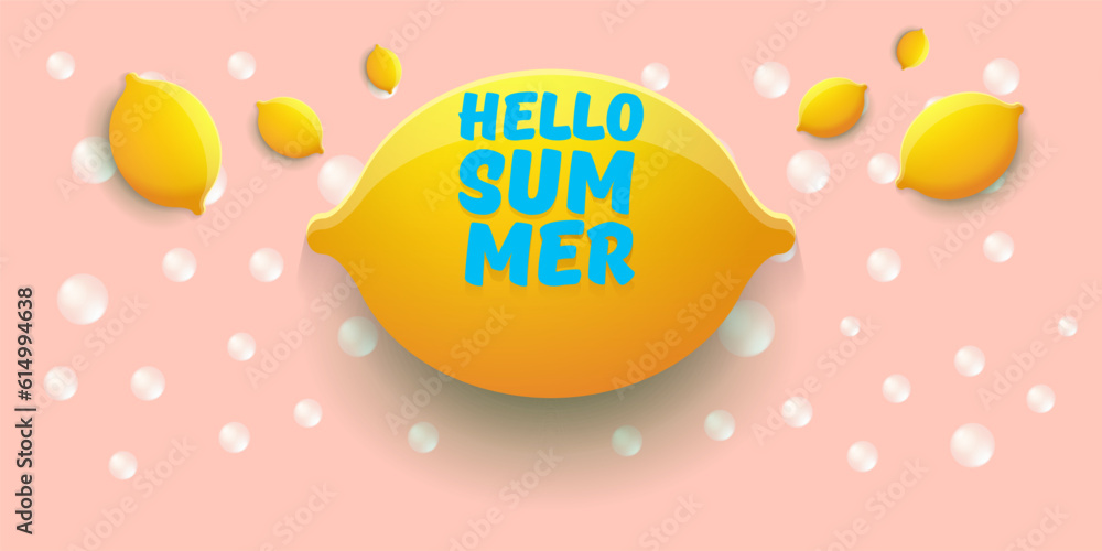 Vector Hello Summer Beach Party horizontal banner Design template with fresh lemon isolated on pink background. Hello summer concept label, flyer and poster with lemon fruit and typographic text.