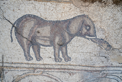 An Elephant on an Ancient Mosaic Floor in Caesarea, Israel photo