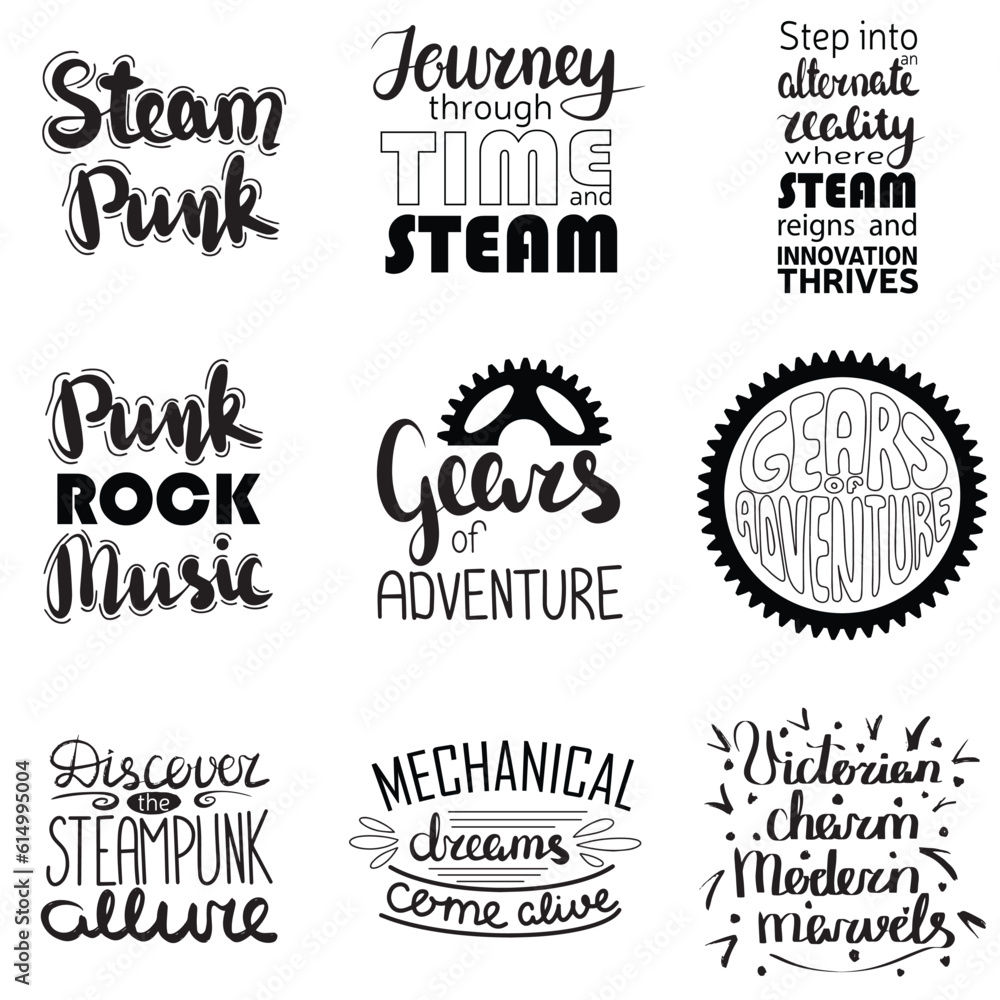 Fototapeta premium Collection of handwriting steampunk text. Phrase about technology, industry, life, gears, cogs wheels. Vector illustration.