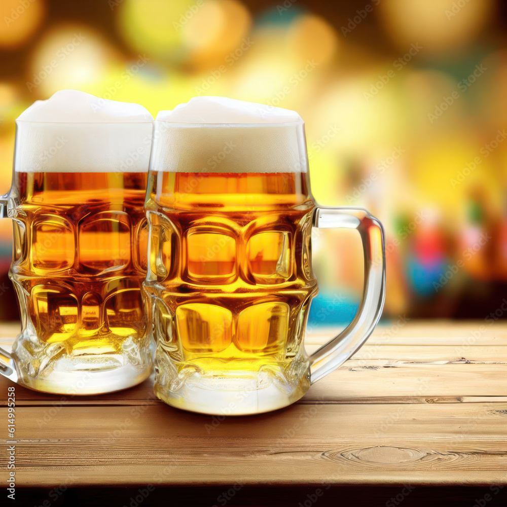 Beer mugs on wooden table against blurred Oktoberfest backdrop.Generative AI