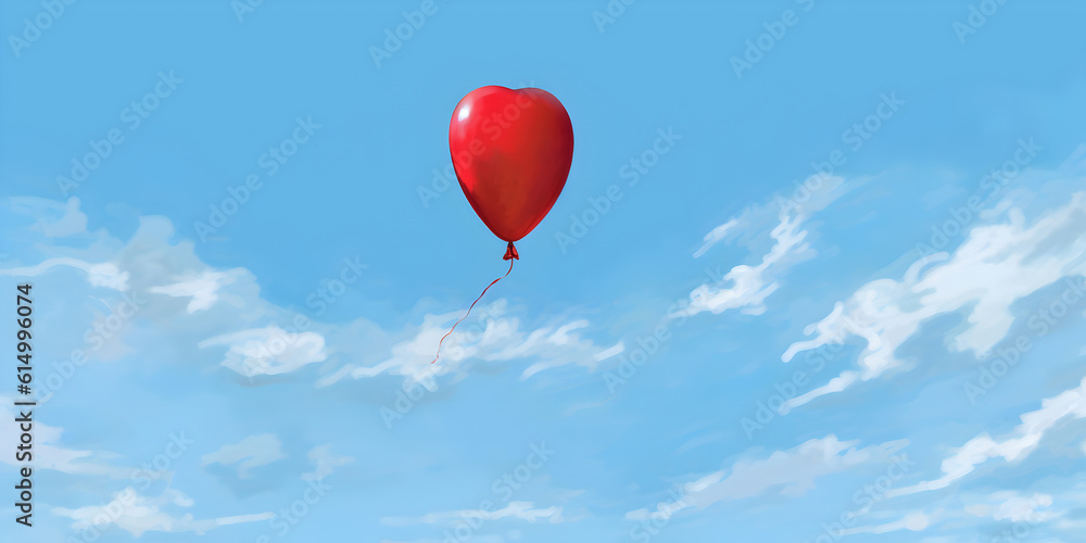 Obraz premium Bright red heart shaped balloon rises into the blue sky with white clouds. Illustration with romantic mood for Valentine's Day. Greeting card for nice event. Generative AI