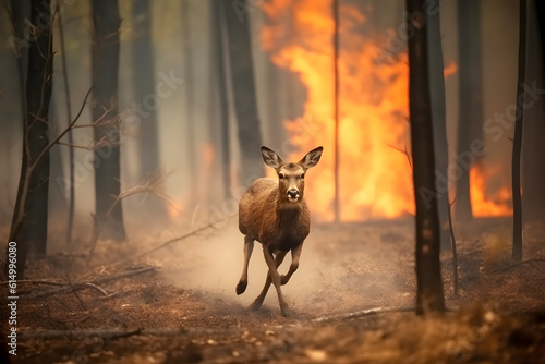 Frightened deer runs away from a forest fire. Trees burn due to drought, climate change. Disaster, bushfire in wild nature. Selective focus. Generative AI