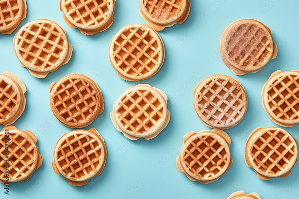 Top view of waffles on blue background. Top view of waffles on blue background.