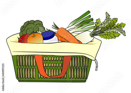 エコバックを被せた買い物かごにたくさんの食品や野菜が入ったイラスト アイコン素材