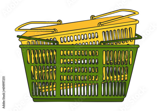 スーパーの買い物かご 黄色と緑色の積み重なったバスケットのイラスト