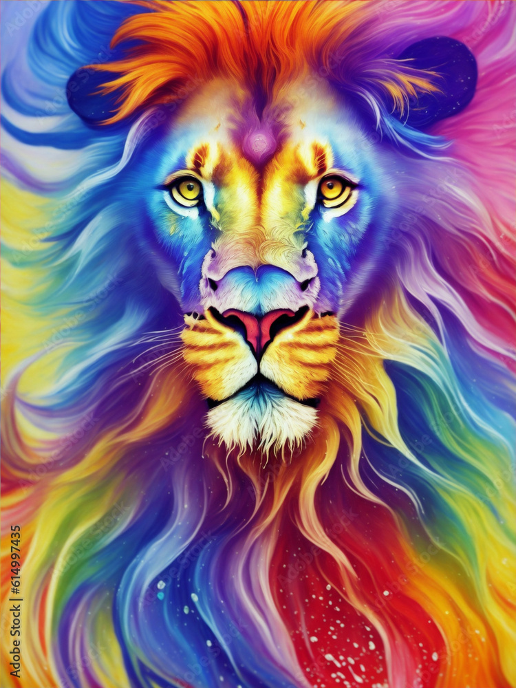beautiful big lion with mane in rainbow colors of lgbt flag