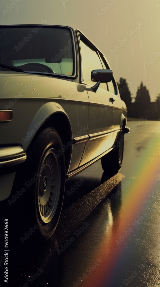 A bright rainbow over a classic vintage car. Generative AI