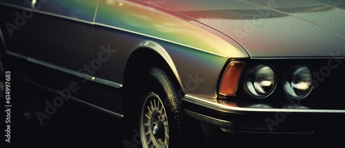 A bright rainbow over a classic vintage car. Generative AI © BraveSpirit