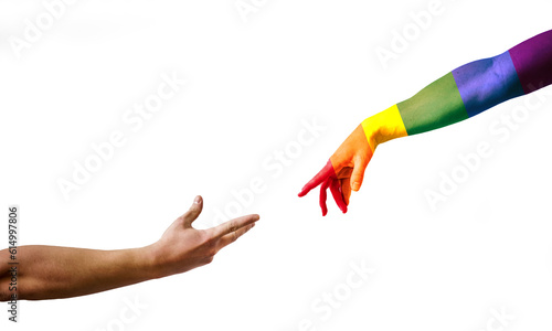Two hands pointing with finger tips nearly touching,painted in the colors of the rainbow flag, Gay and LGBT love concept, Gay day, Pride Month