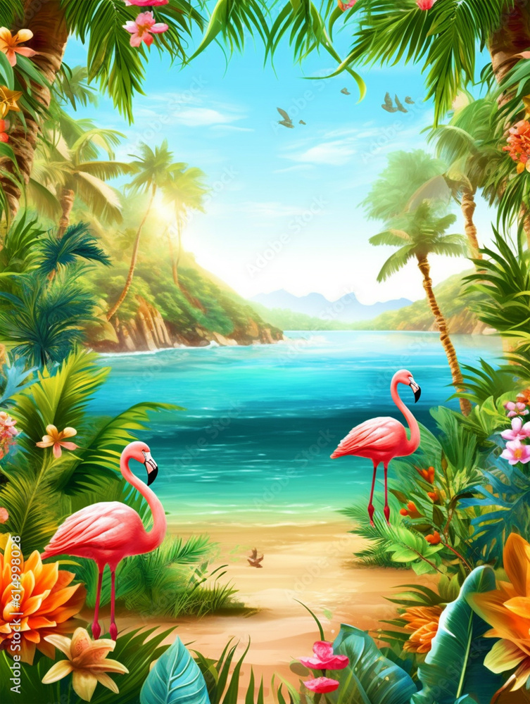 Hello Summer Beach poster with tropical trees and flamingo - ai generative