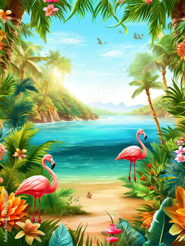 Hello Summer Beach poster with tropical trees and flamingo - ai generative © DesiArt