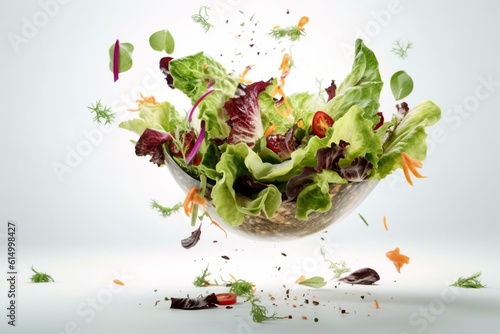 Salad hovering over white background. Generative AI