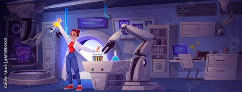 Woman near laboratory robot do medical research. Happy scientist in lab for experiment discovery in engineering room with computer, screen and pharmaceutical capsule. Future innovation factory