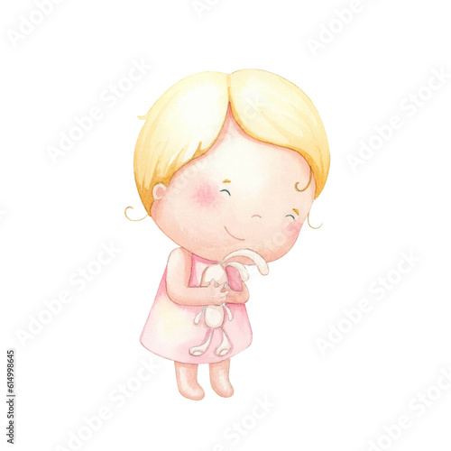Cute baby with a toy. Watercolor illustration.