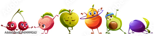 Cute fruit character exercise vector illustration. Funny food healthy yoga workout icon set. Zen apple, pilates plum, stretch cherry and avocado pear with hula hoop isolated comic pose fitness clipart
