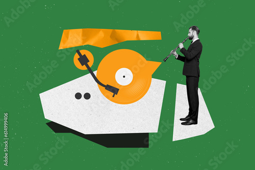 Photography Artwork collage magazine image of handsome man wear suit play flute jazz symphon