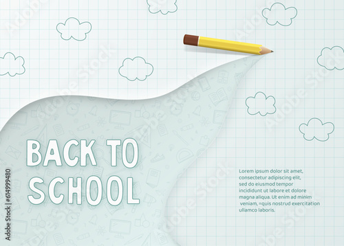Background of a school notebook with a flying pencil and clouds on the background of school supplies. Back to school.